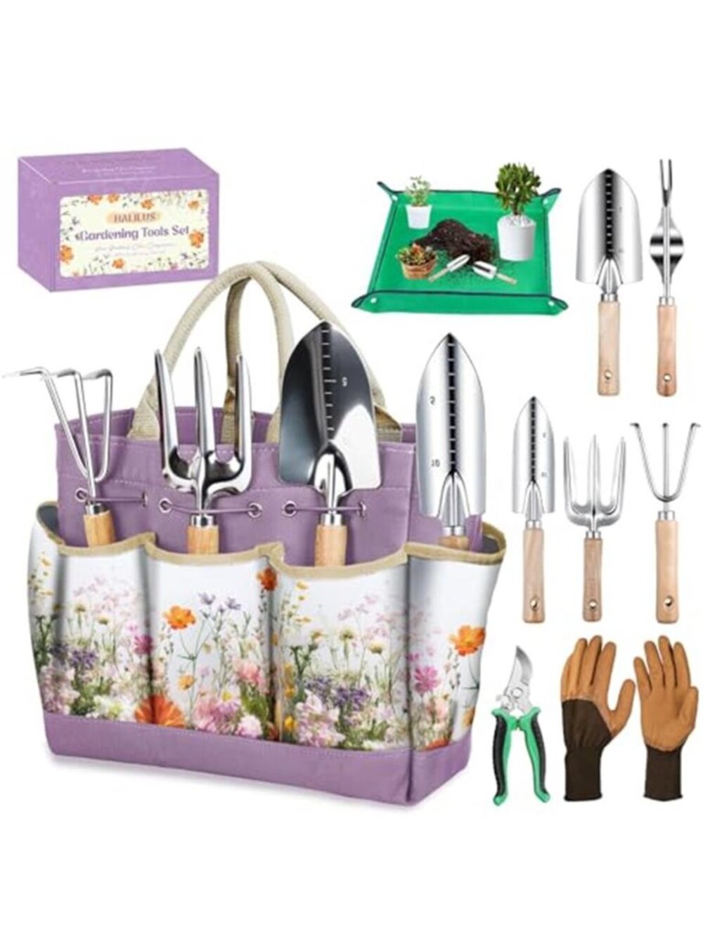 Garden Tool Set 9 Piece Stainless Steel Gardening Tools Kit Gloves Tote Bag New